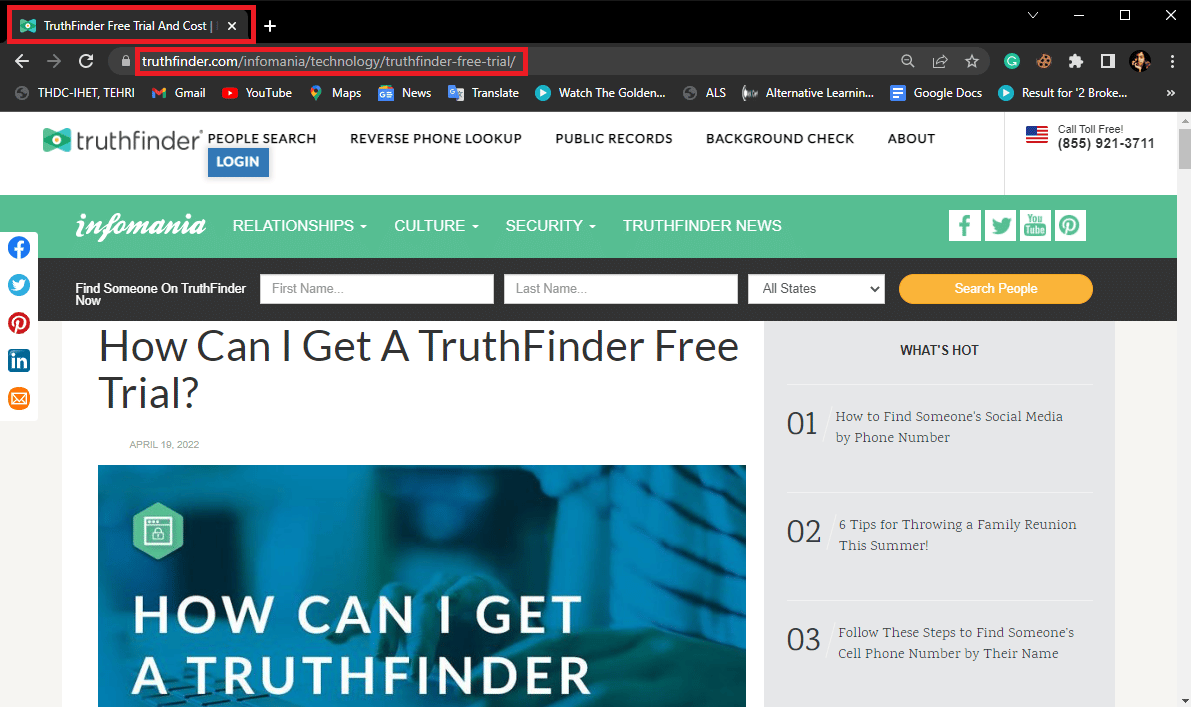 시작 메뉴에서 Chrome을 열고 TruthFinder 무료 평가판 페이지를 방문하십시오.