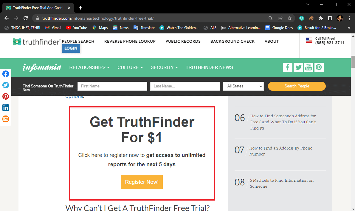 1 ドルで Get TruthFinder を見つけて、[今すぐ登録] をクリックします。 TruthFinder 無料トライアルと価格