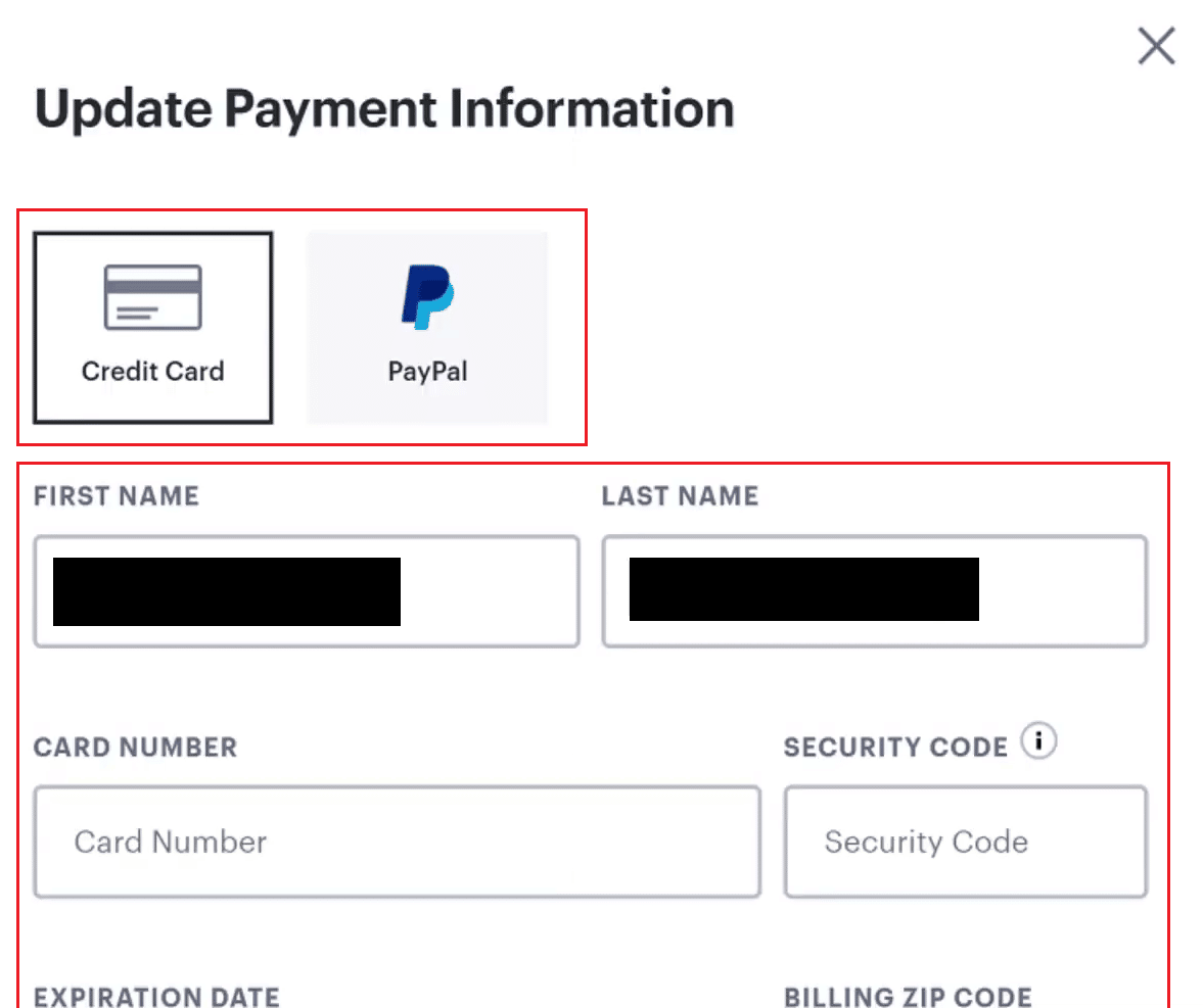 Sélectionnez le mode de paiement que vous souhaitez modifier ou mettre à jour et remplissez les détails