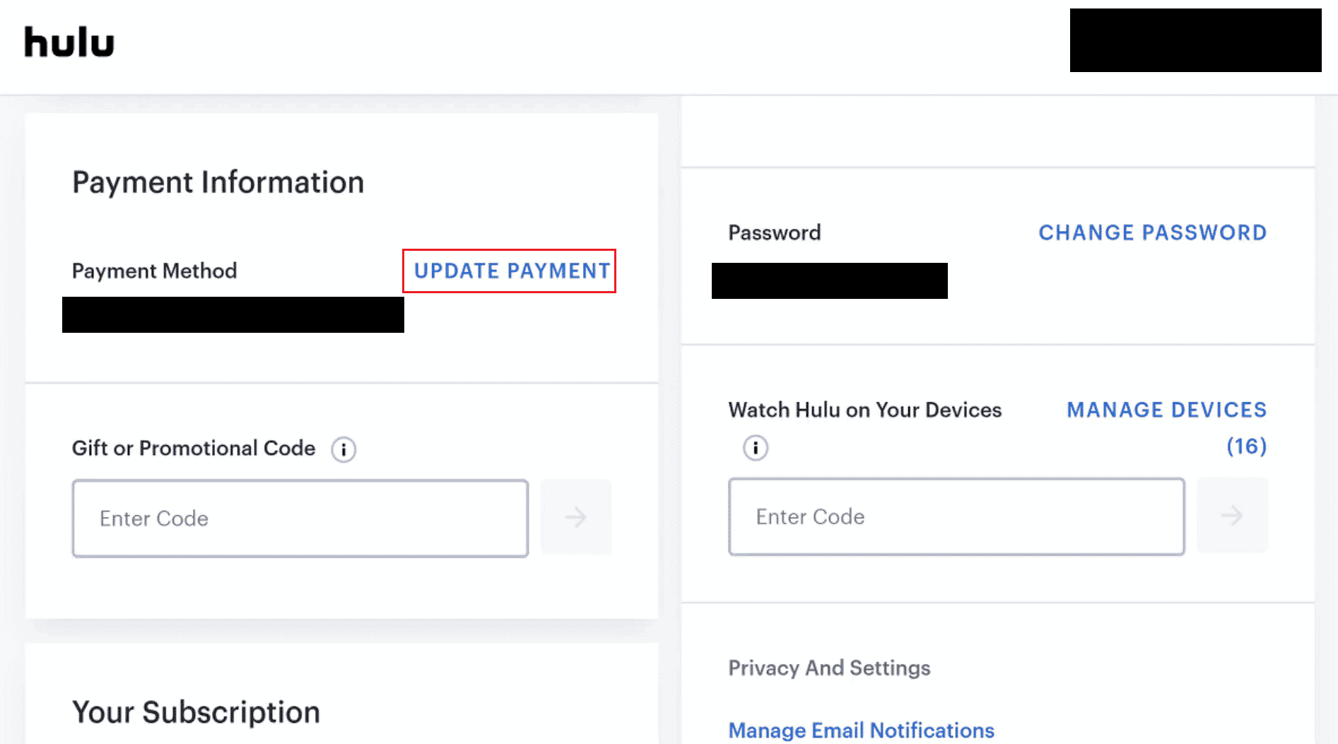 คลิกที่ UPDATE PAYMENT ข้าง Payment Method