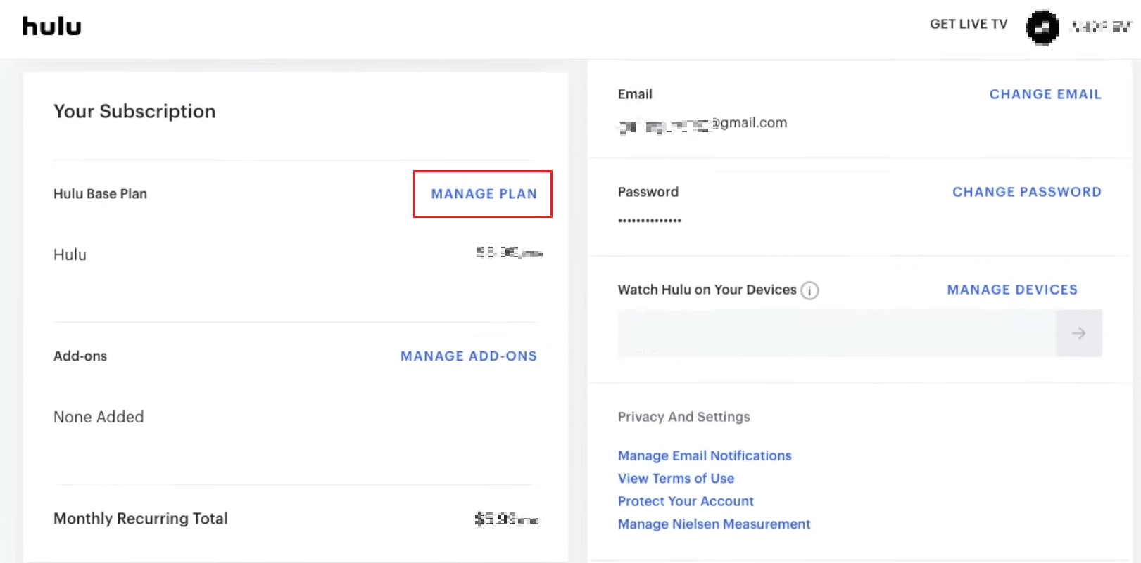 Haga clic en GESTIONAR PLAN | ¿Cómo cambias tu cuenta en Hulu?
