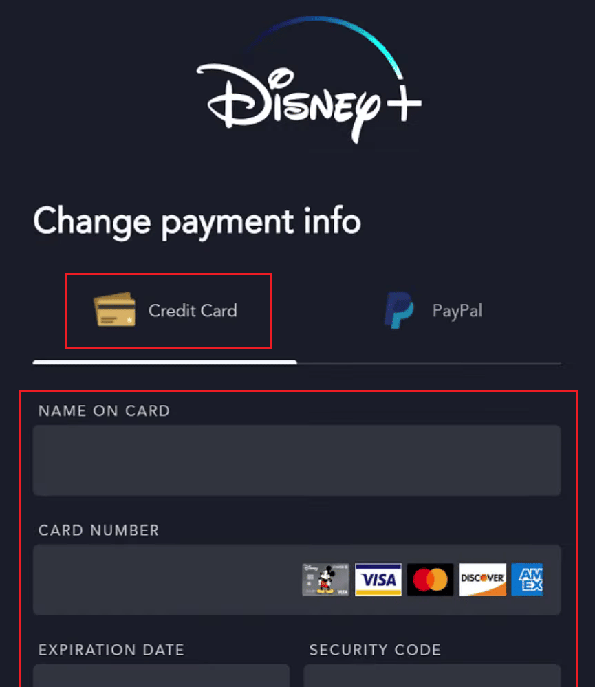 Seleziona la scheda Carta di credito e inserisci i dati della tua nuova carta di credito | Come si cancella il proprio account Disney Plus