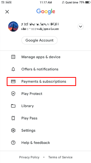 Нажмите на опцию «Платежи и подписки».