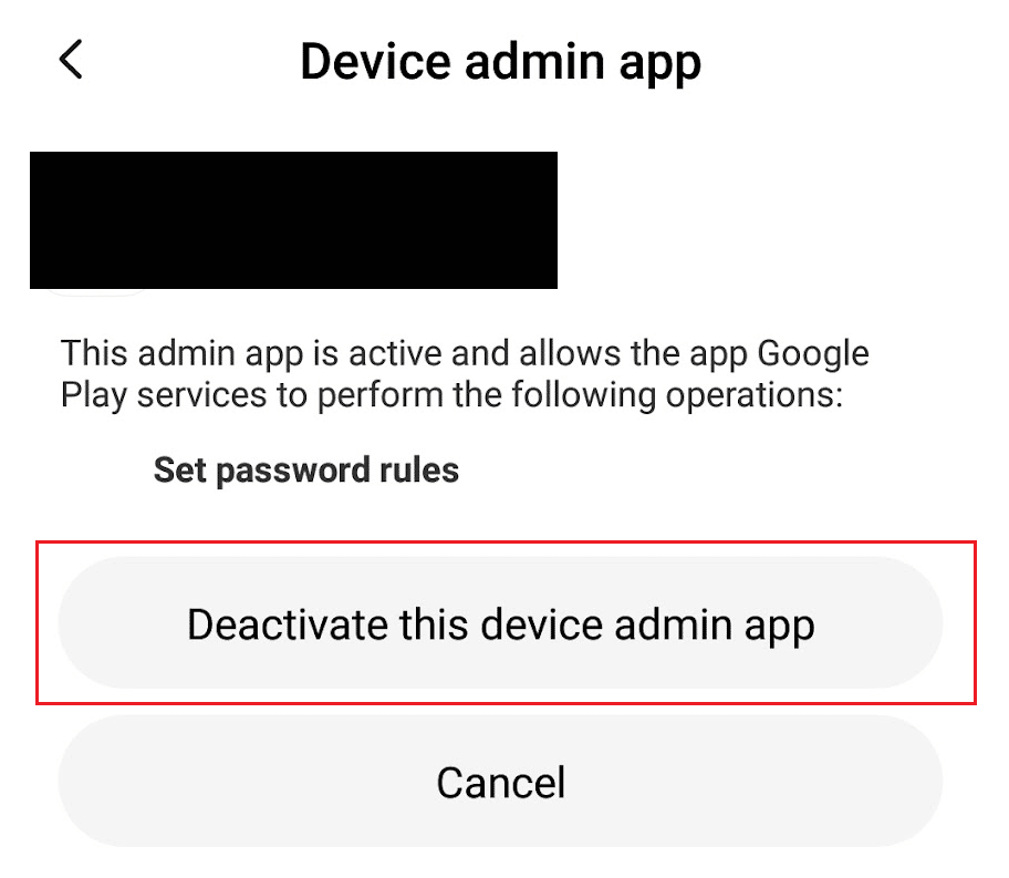 Désactiver l'application d'administration de cet appareil