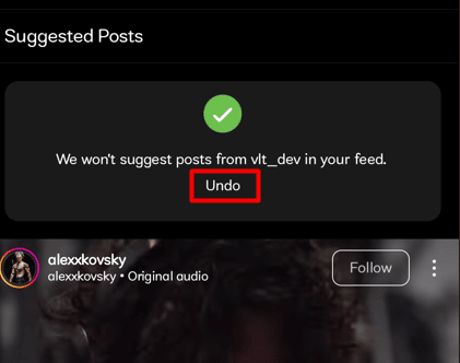 Para habilitar las publicaciones sugeridas de Instagram, toque la opción Deshacer