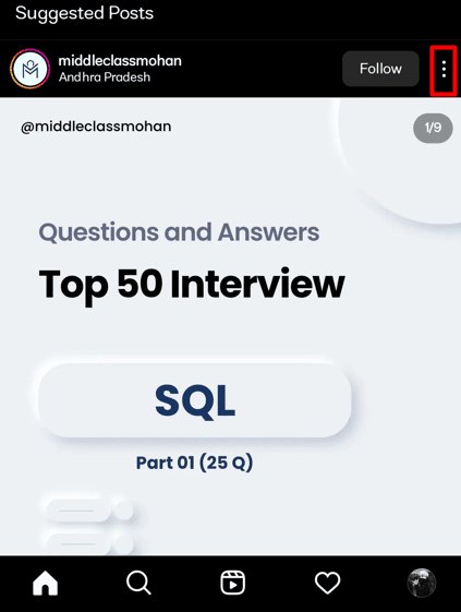 推奨ユーザーの投稿の横にある 3 つのドットをタップします