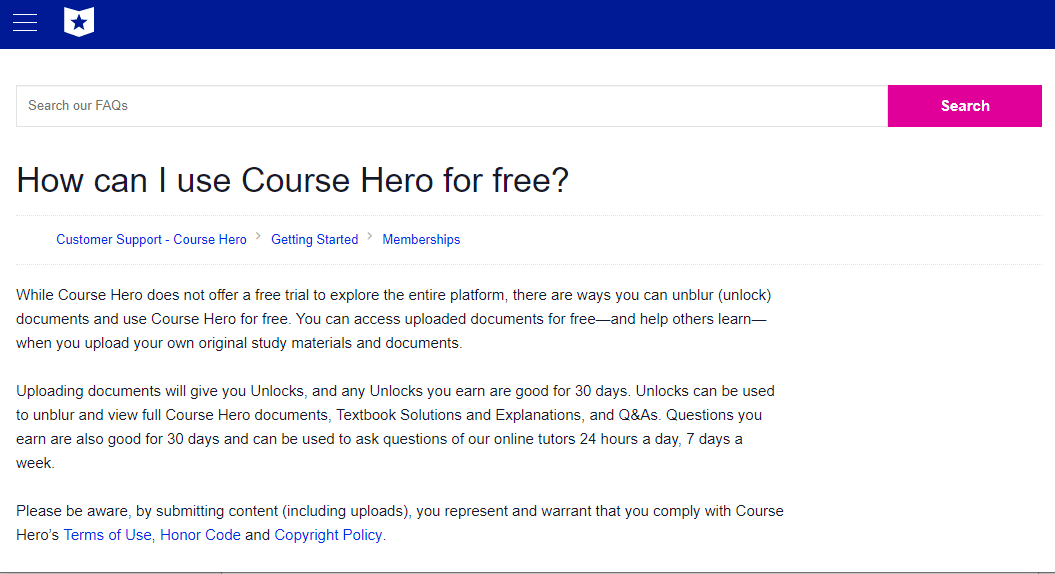 Course Hero ne propose pas d'essai gratuit