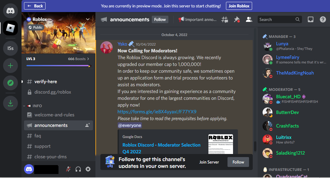 Pagina de Discord de Roblox