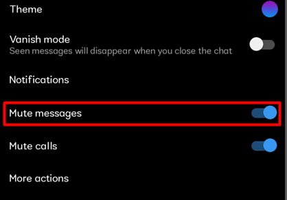메시지 음소거를 해제하려면 메시지 음소거 토글을 끕니다. 이 사용자가 새 메시지를 보내면 이 스위치가 회색 또는 흰색일 때 알림을 받습니다.