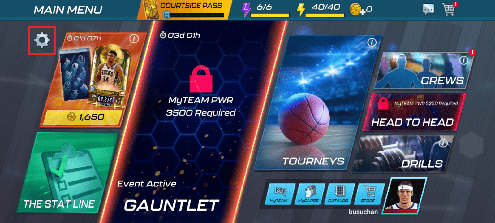 En la pantalla de inicio, toque la configuración o el ícono de ajustes a la izquierda. | ¿Cómo elimina su cuenta 2K | restablecer su cuenta móvil de NBA 2K