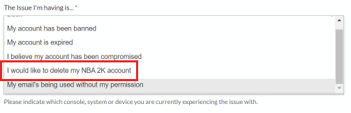 Konto auswählen – Ich möchte mein NBA 2K-Konto löschen
