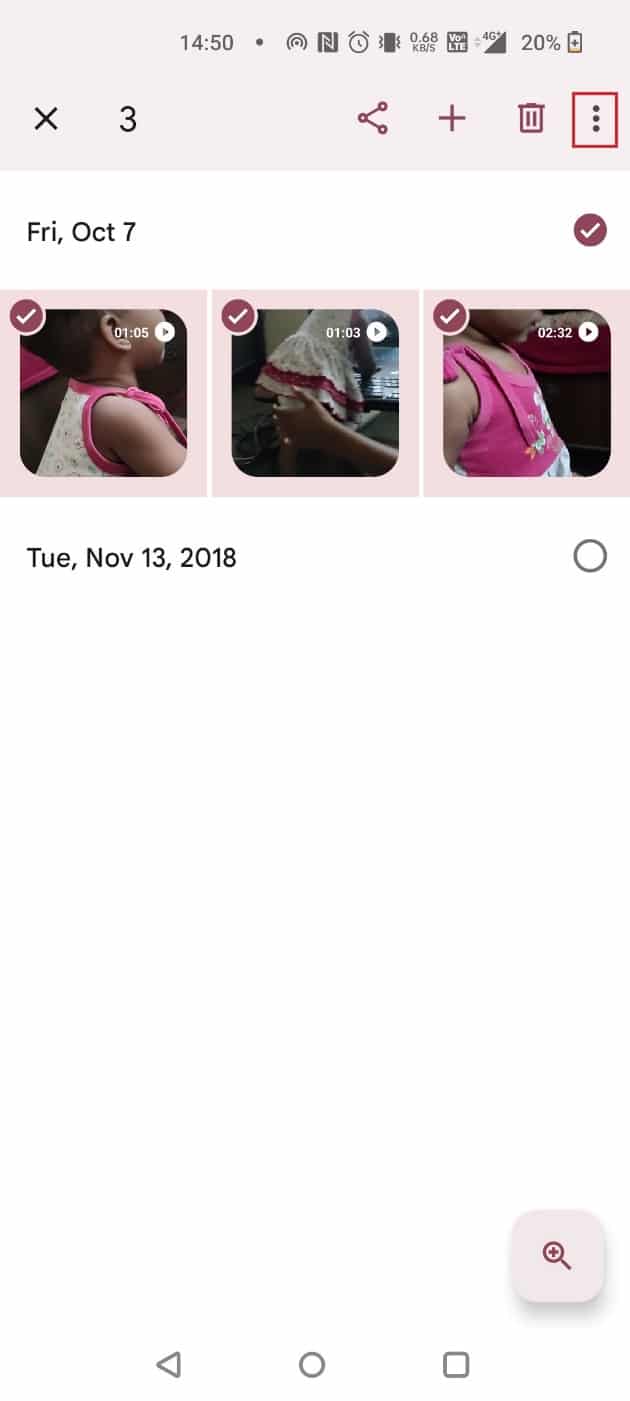 Selecione as imagens e toque nos três pontinhos no canto superior direito | Como excluir imagens de backup automático do Google