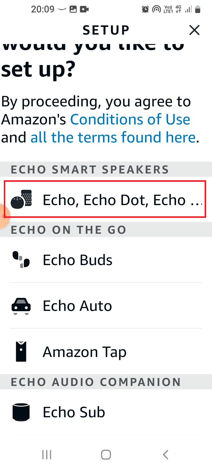 ECHO SMART SPEAKERS 섹션에서 Echo Echo Dot Echo… 옵션을 탭합니다. Alexa Echo 문제 해결