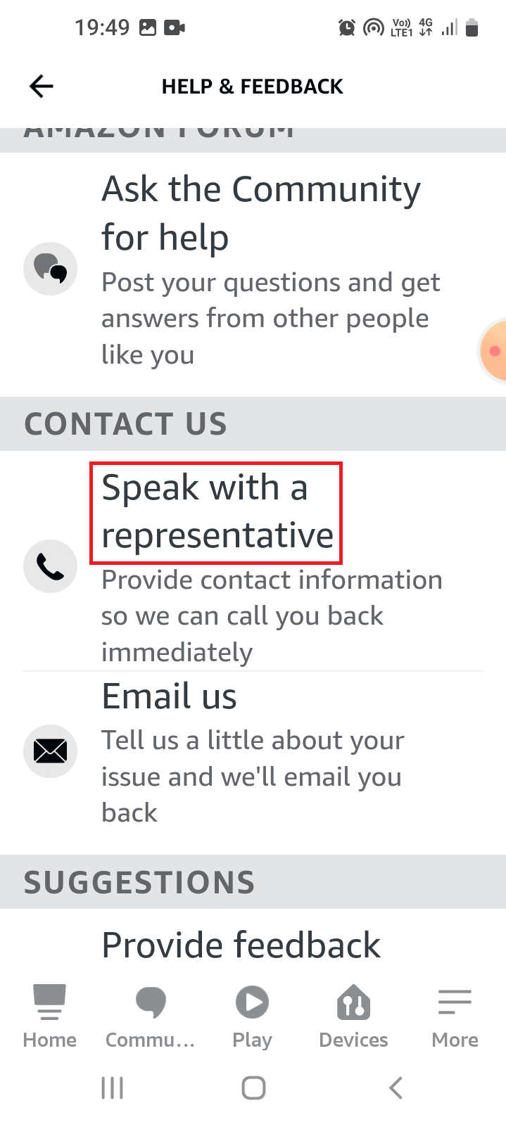 แตะที่ตัวเลือกพูดกับตัวแทนในส่วนติดต่อเรา การแก้ไขปัญหา Alexa Echo