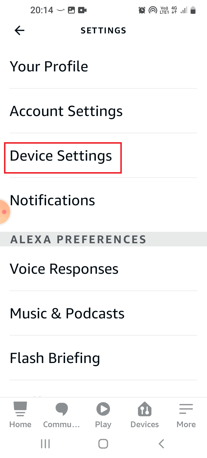 Toque la opción Configuración del dispositivo. Solución de problemas de Alexa Echo