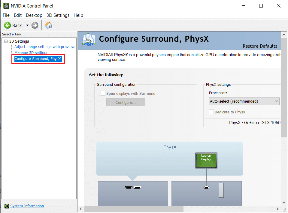 Surround Physx NVIDIA コントロール パネルの構成