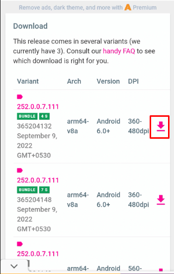 Kemudian klik ikon unduh di sebelah versi aplikasi yang Anda pilih.