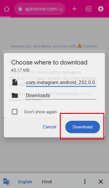 Tippen Sie in der Warn-Popup-Meldung auf die Download-Option