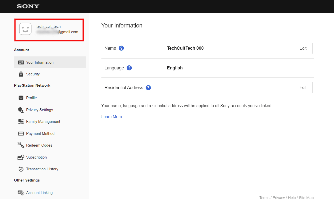 في الزاوية العلوية اليسرى ، سترى اسم مستخدم PSN (معرف الإنترنت) والبريد الإلكتروني | الوصول إلى حساب PSN الخاص بك على PS4 | اتصل بـ PSN PS5