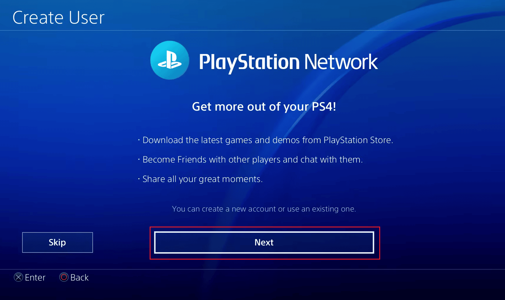 tekan Berikutnya | akses akun PSN Anda di PS4 | sambungkan ke PSN PS5