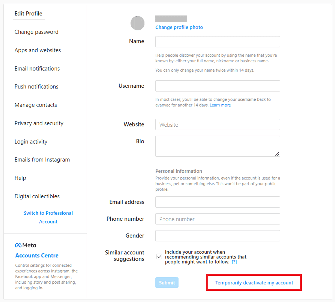 Nella sezione Modifica profilo, scorri verso il basso e fai clic sull'opzione Disattiva temporaneamente il mio account