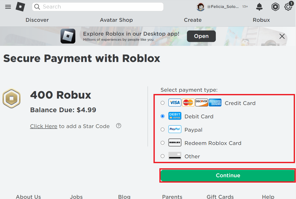 Choisissez le mode de paiement pour acheter le Robux et cliquez sur Continuer