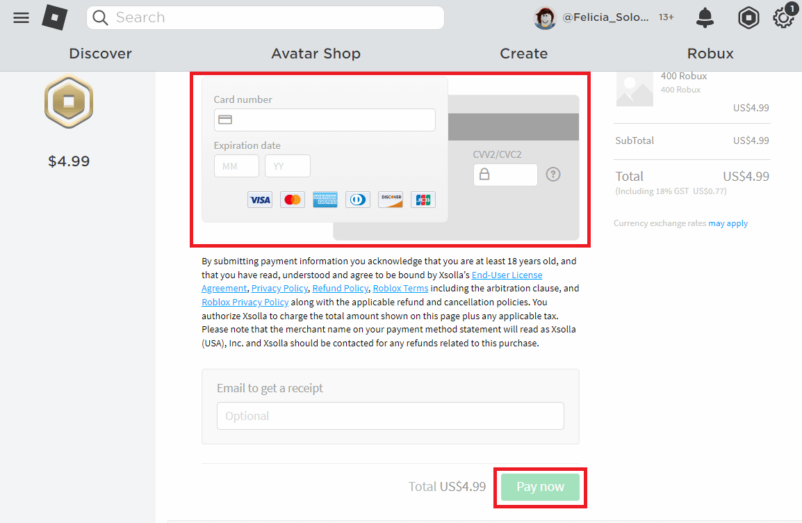 Wprowadź szczegóły płatności i kliknij Zapłać teraz, aby kupić Robuxa | Ile kosztuje 1000 dolarów w Robux?
