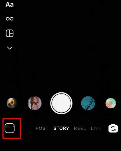 Tocca l'icona della galleria dalla sezione in basso a sinistra della tua sezione | Come riprodurre video su Instagram Story