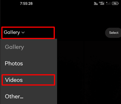 Tippen Sie auf das Dropdown-Menü und wählen Sie Videos aus