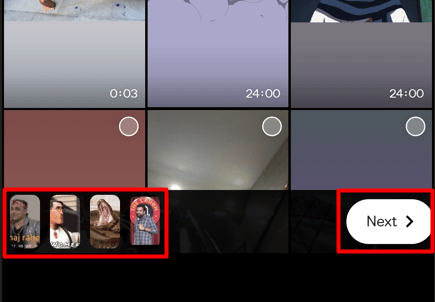Pilih video yang ingin Anda tambahkan ke cerita Anda dan ketuk Berikutnya