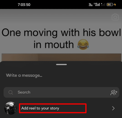 No menu pop-up, selecione Adicionar rolo à sua história | Como fazer a reprodução de vídeo no Instagram Story