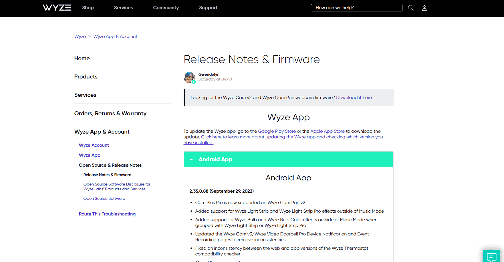 Page des versions du micrologiciel Wyze