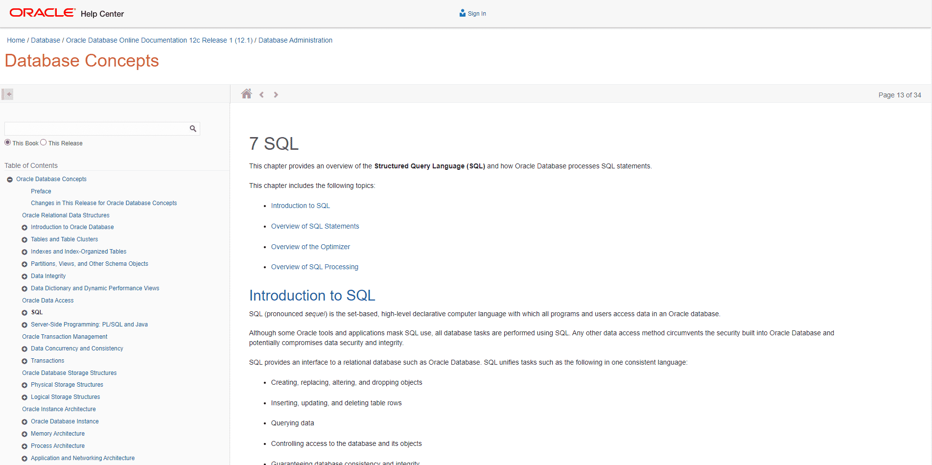 Page SQL d'Oracle