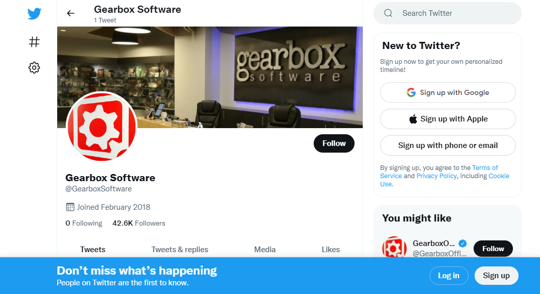 Página de Twitter de Gearbox Software