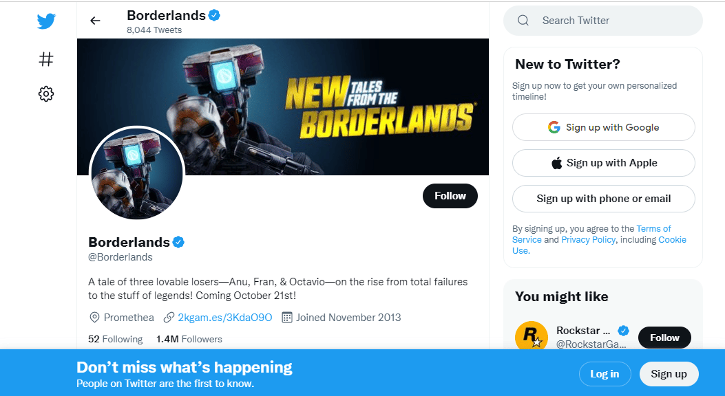 Página de Twitter de Borderlands