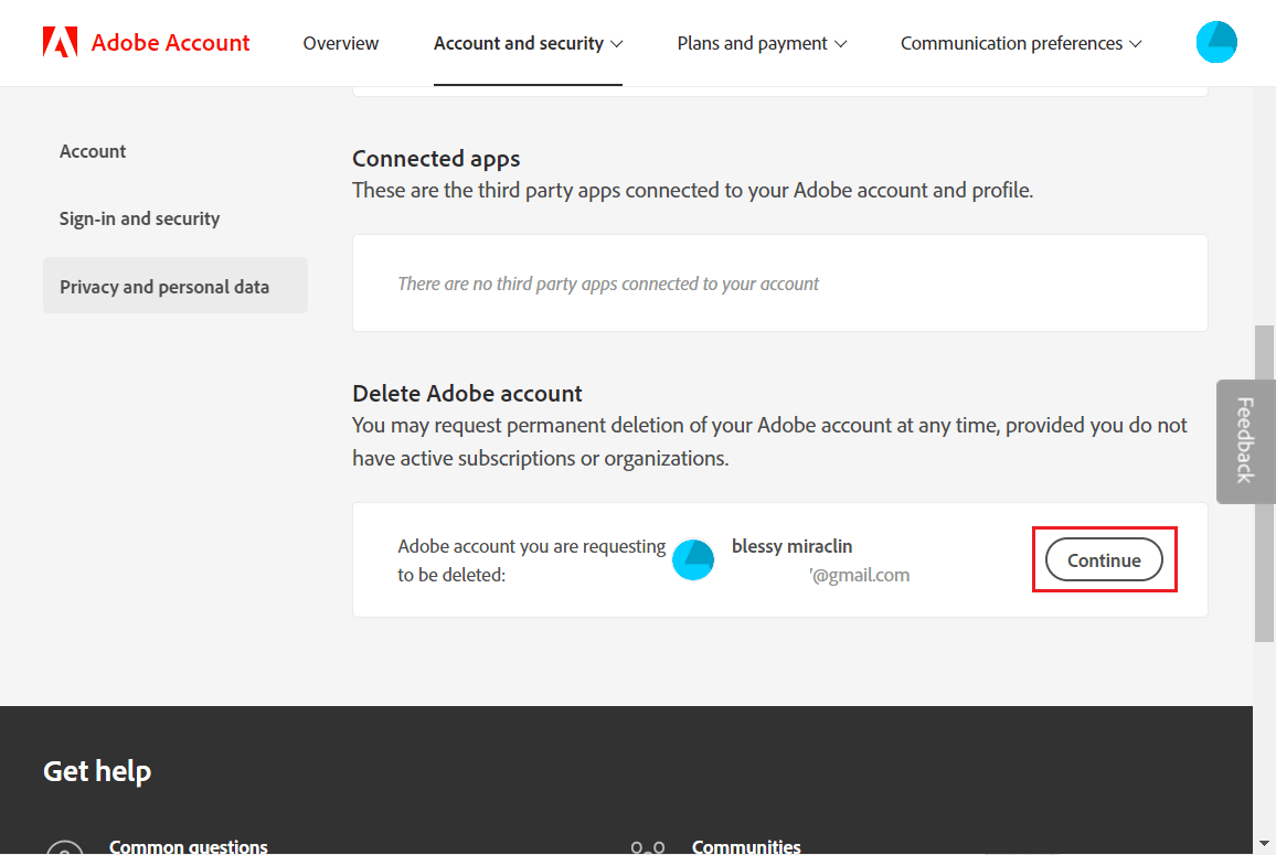 Fai clic su Continua nella sezione Elimina account Adobe | Come puoi eliminare l'account Adobe