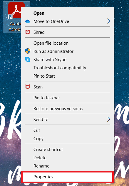 Fai clic con il pulsante destro del mouse sull'app Adobe Acrobat e scegli Proprietà