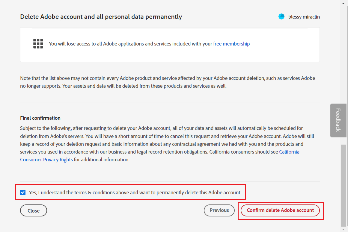 Marque la opción y haga clic en Confirmar eliminación de la cuenta de Adobe para finalizar la eliminación de su cuenta