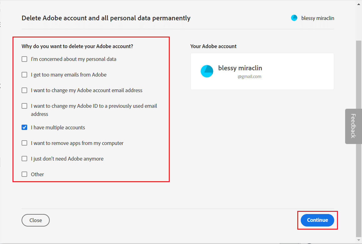 Choisissez un motif de suppression du compte et cliquez sur Continuer