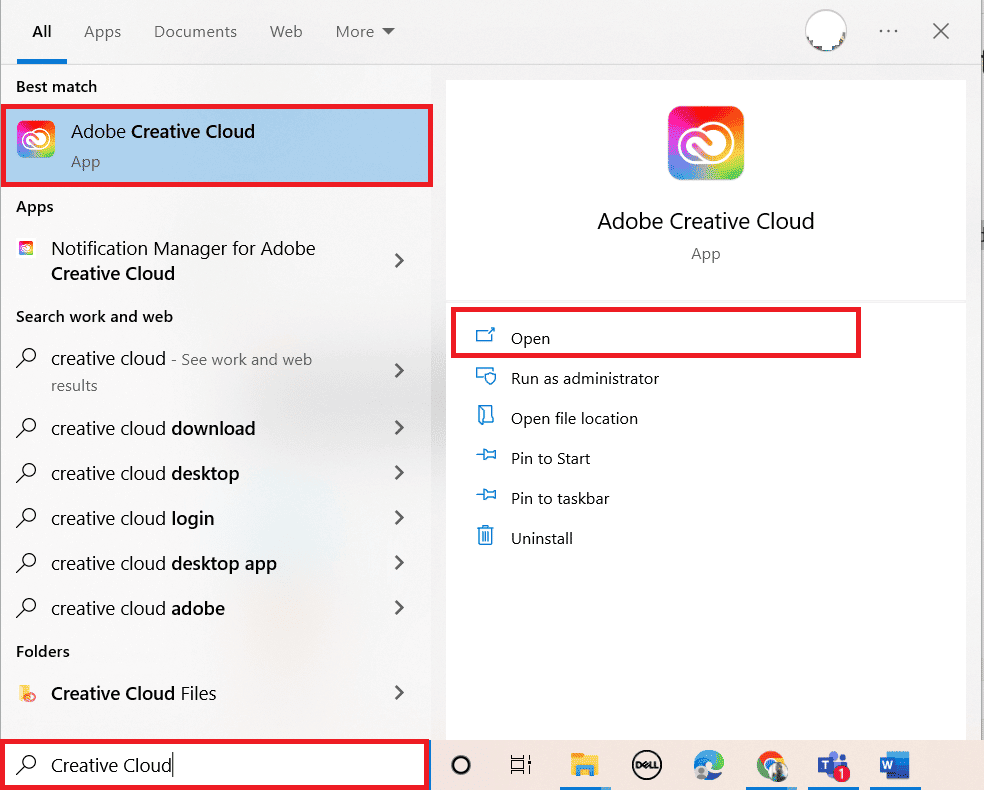 Premi il tasto Windows. Digita Creative Cloud e fai clic su Apri