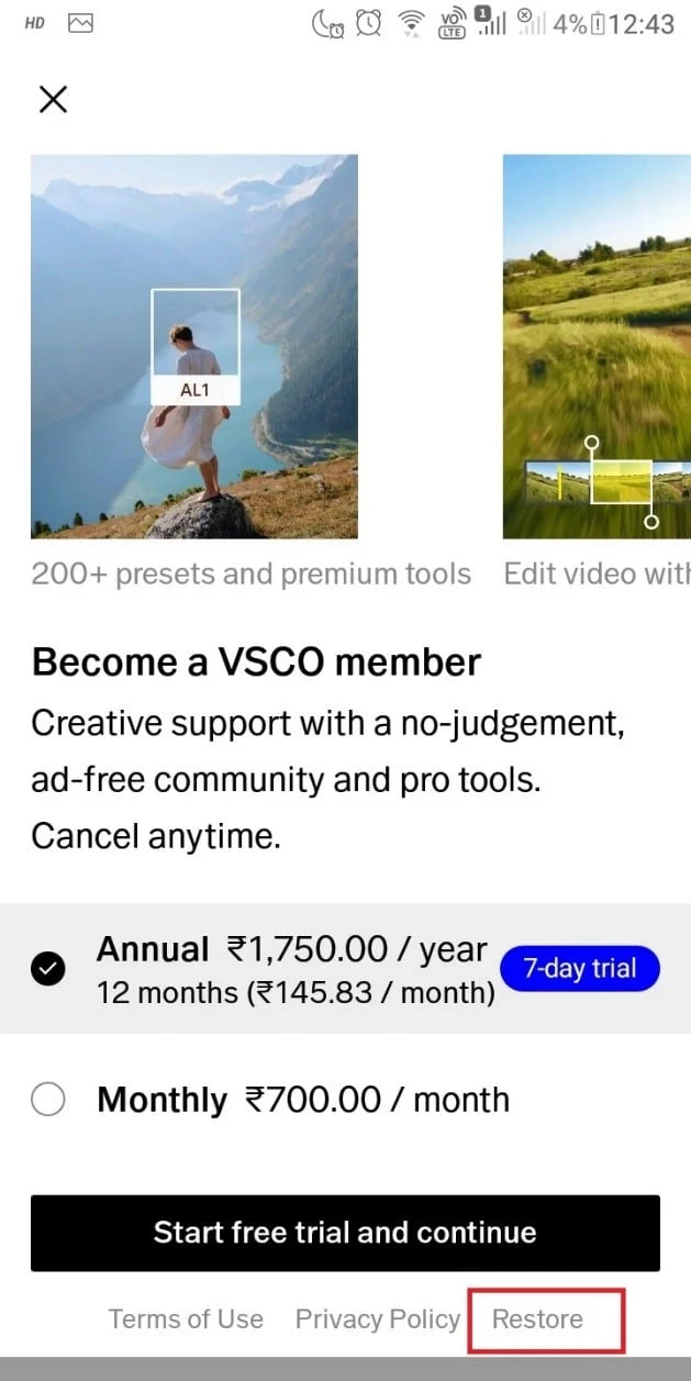 اضغط على استعادة في أسفل يمين شاشة الهاتف | كيفية إلغاء عضوية VSCO