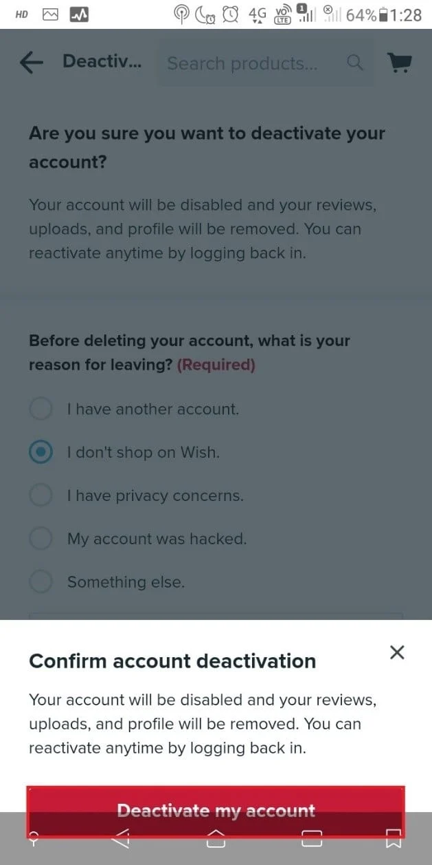 Appuyez sur Désactiver mon compte pour confirmer votre désactivation | Comment supprimer votre compte Wish