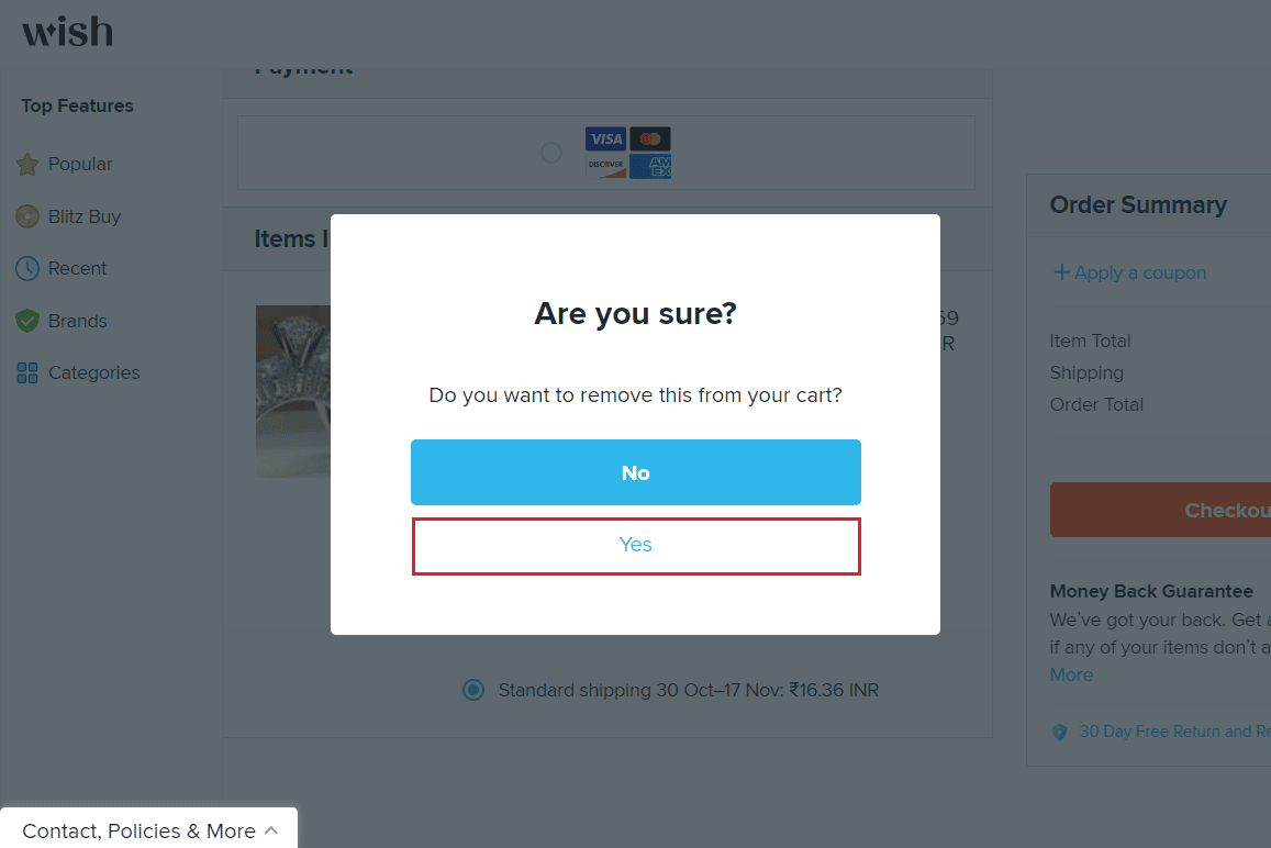 Klicken Sie auf Ja, um Ihre Artikel aus dem Wish-Warenkorb zu entfernen