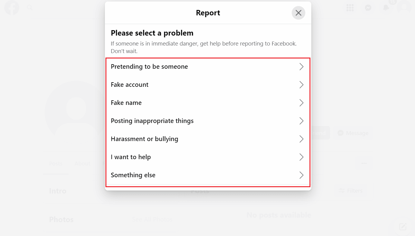 Seleccione el problema deseado que tiene con esa cuenta específica | Cómo eliminar la cuenta de Facebook de otra persona