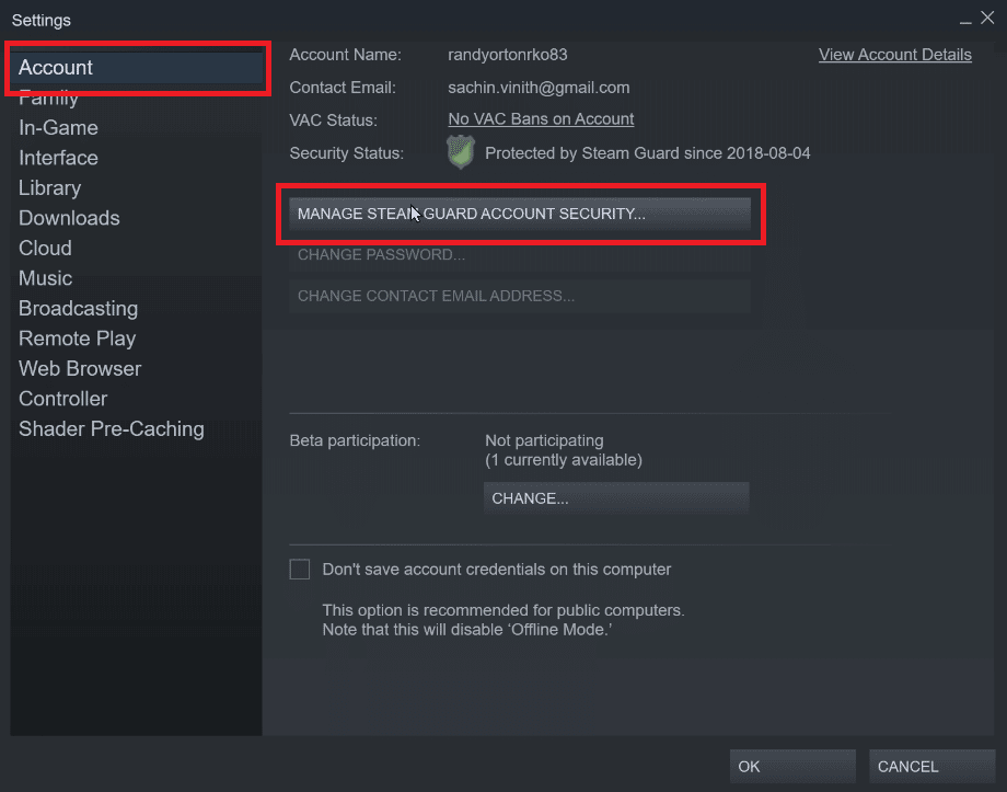 fai clic su account e fai clic su gestisci la sicurezza dell'account di Steam Guard. Correggi l'errore di Steam 26 su Windows 10