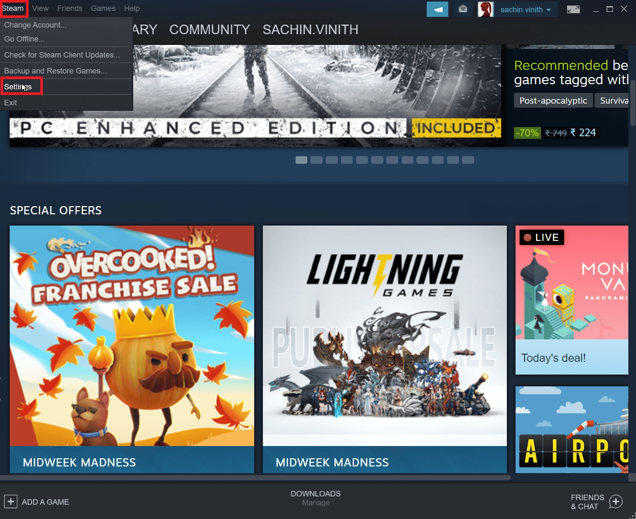 cliquez sur steam et cliquez sur paramètres