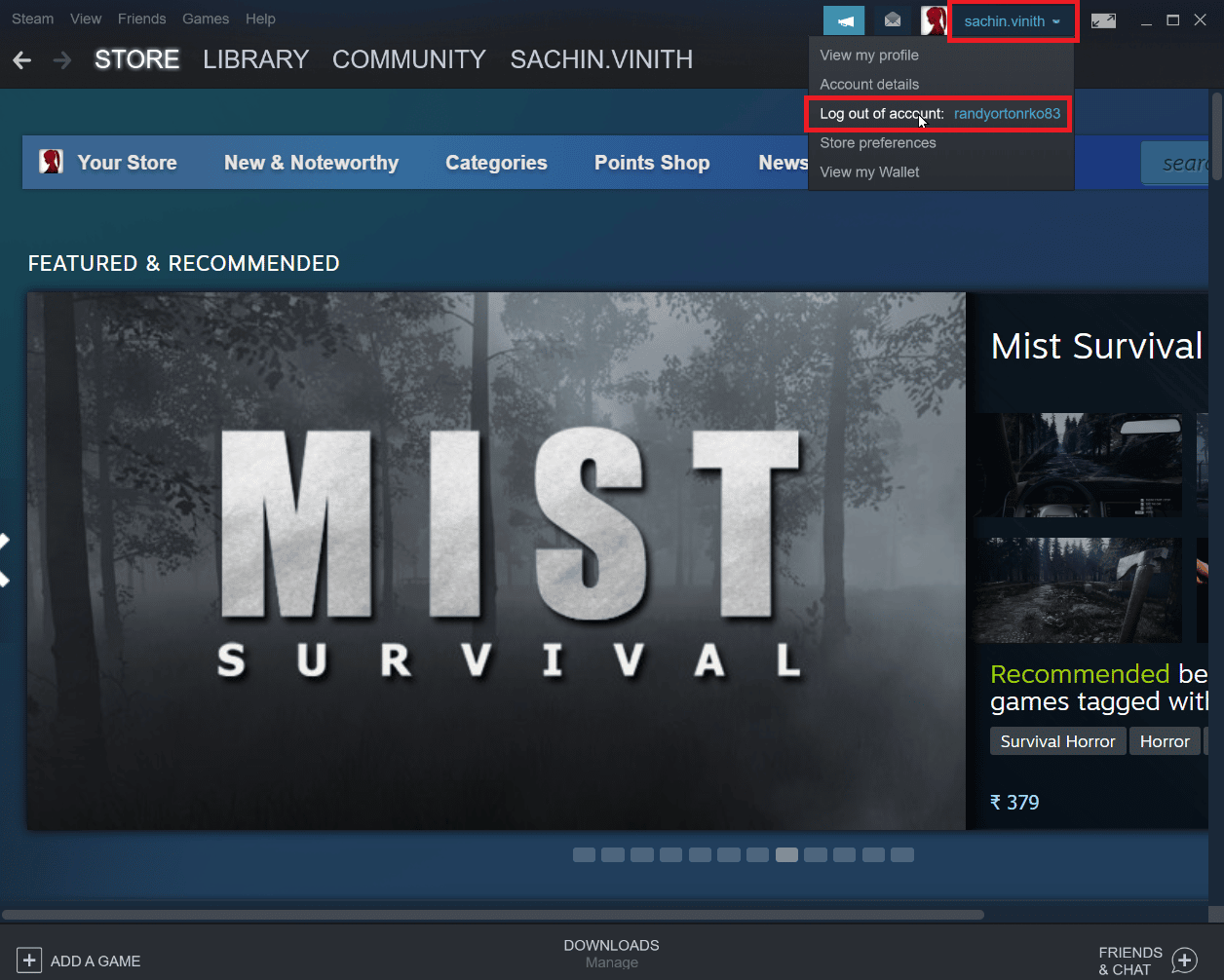 haga clic en la cuenta de perfil y haga clic en cerrar sesión en la cuenta. Solucionar el error 26 de Steam en Windows 10