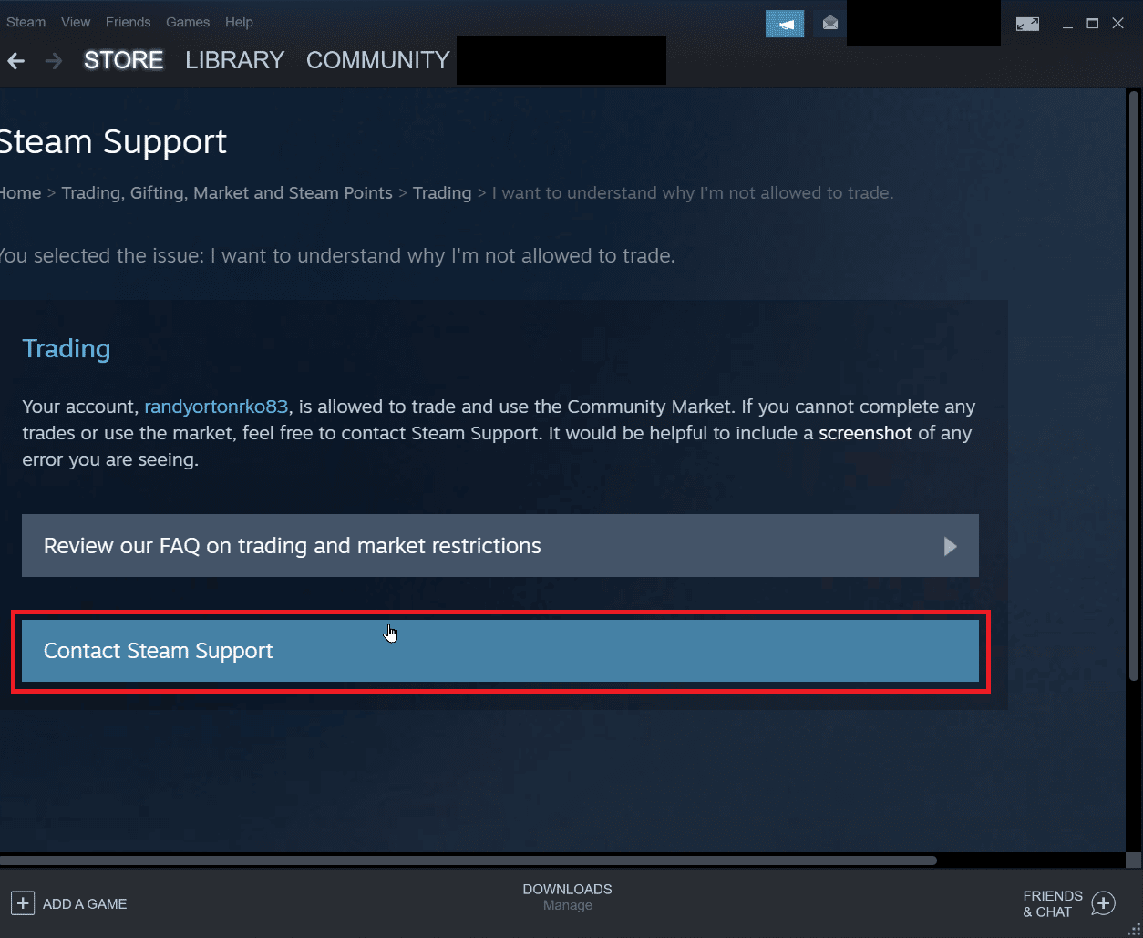 cliquez sur contacter le support steam. Correction de l'erreur Steam 26 sur Windows 10