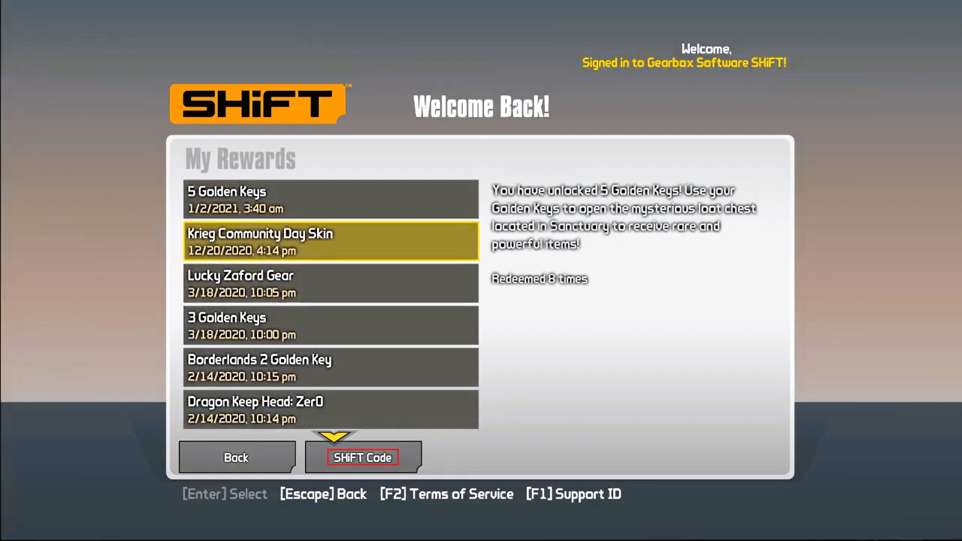 clique em SHIFT Code no menu SHIFT Extras de Borderlands 2