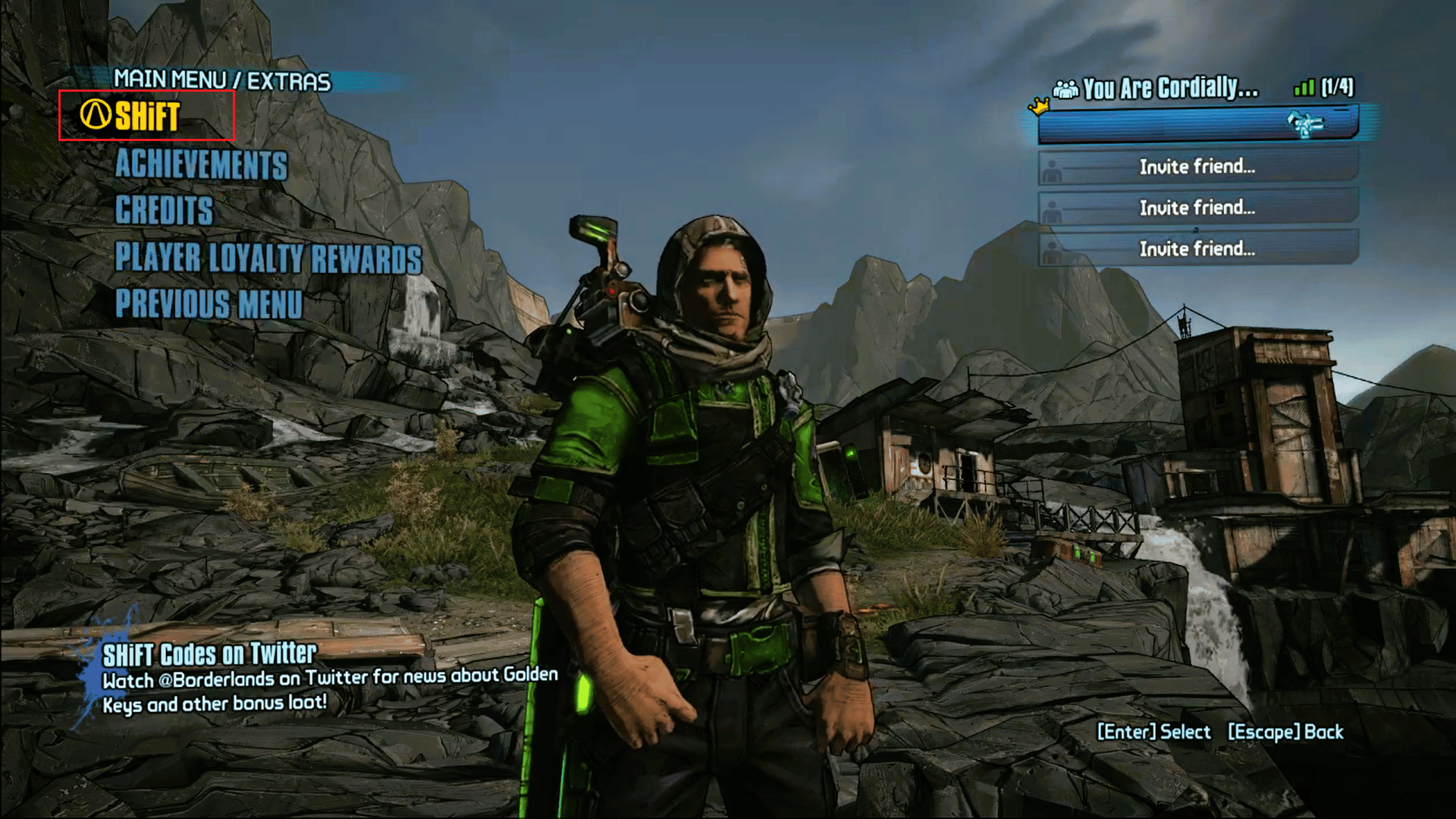 cliquez sur l'option SHIFT dans Borderlands 2 Extras